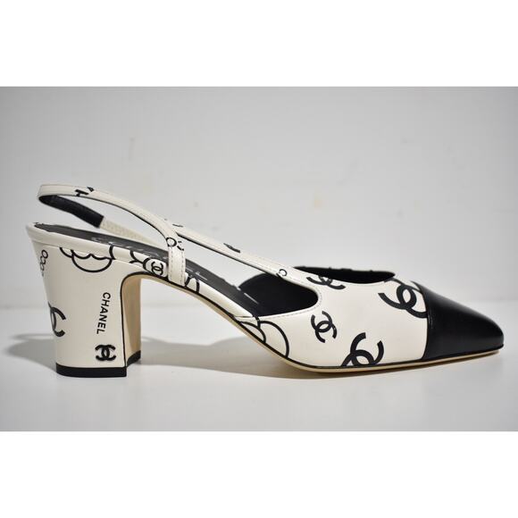 Chanel 23P Mademoiselle Coco Sling White Black CC Logo Slingback Sandal Heel 37 - Picture 1 of 12